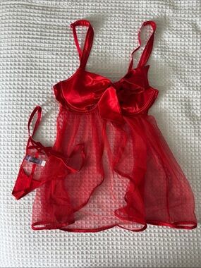 ❗️$10 Sale ❗️ Adore Me Red Sheer Lace Babydoll with Bow Accent